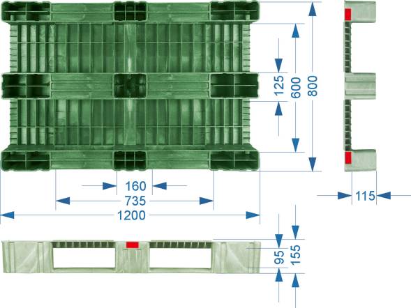 Паллет (поддон) пластиковый усиленный сплошной на 3-х полозьях, 1200х800х150 мм, зеленый [TR 1208-1-1]
