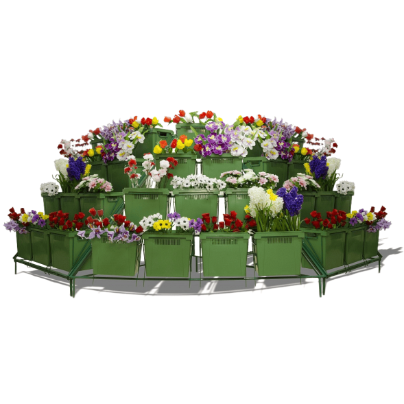 Стеллаж цветочный угловой для пластиковых цветочных баков укомплектованный, 2206x1560x1500 мм, зеленый [СТЦ-УК]