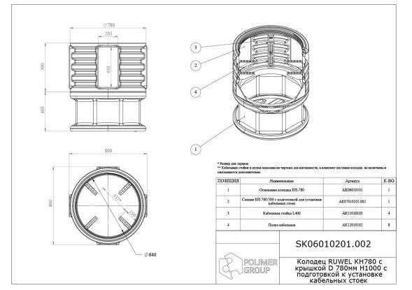 Колодец КН 780/1000 с крышкой D 780 мм, с подготовкой к установке кабельных стоек