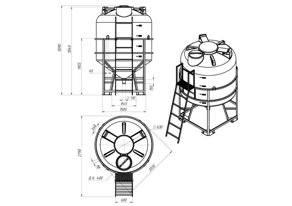 Емкость ЦКТ 5000 л с патрубком 160мм с фланцем под плотность до 1,5 г/см3 белая в обрешетке с лестницей